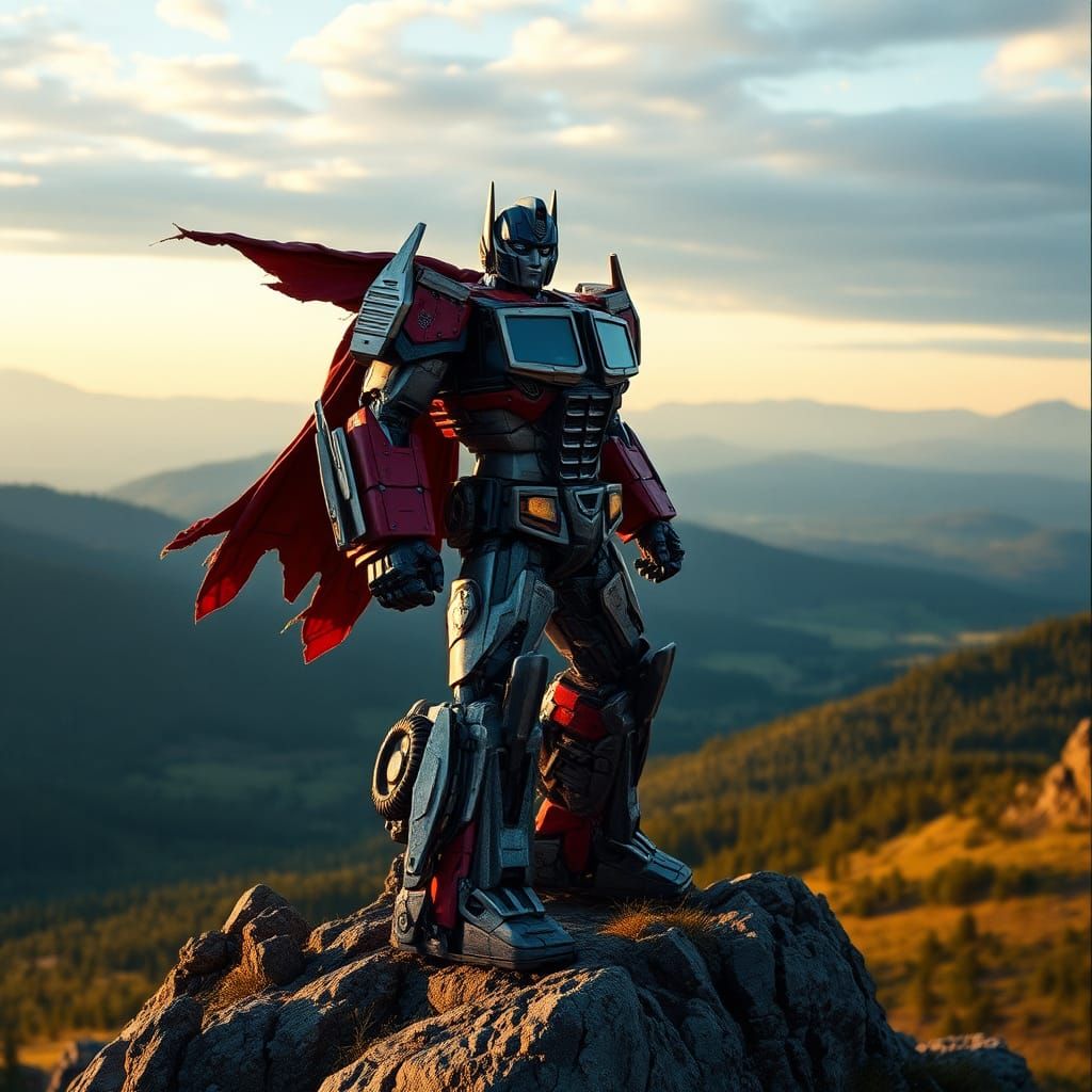 Optimus Prime's Heroic Mountain Sunset in Cinematic Style