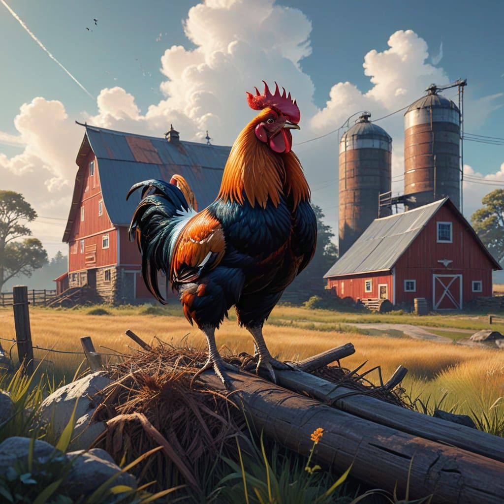Vibrant Rooster on Haystack in Whimsical Barnyard Scene