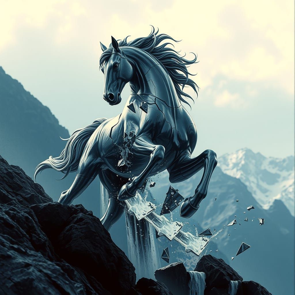 Ethereal Chrome Stallion Descends a Muted Mountainside in Ci...