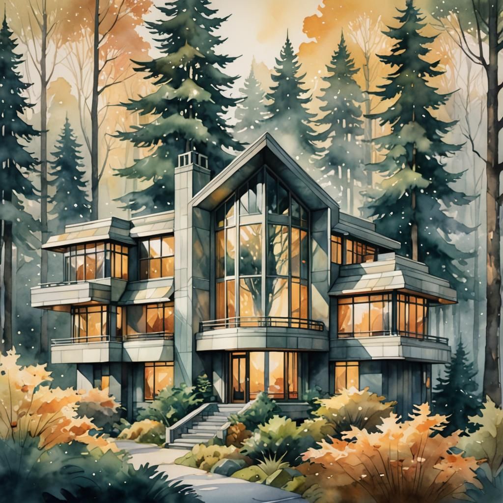 Art Deco House Nestled in Misty Forest