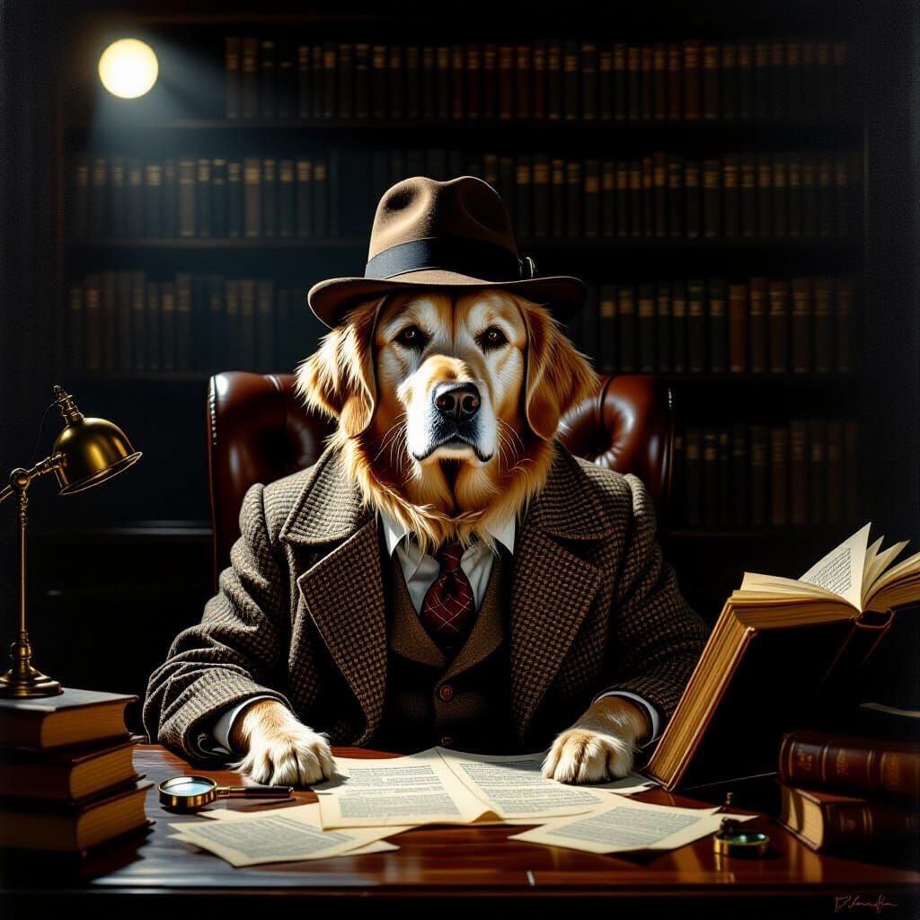 Detective Golden Retriever in Impasto Style