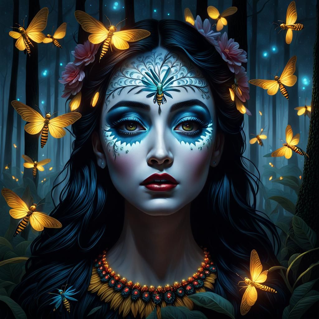 Fireflies Glow in Dark Forest, Hyperrealistic Fantasy