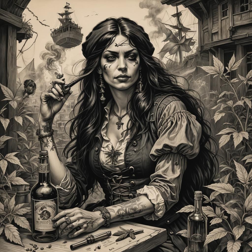 Lady Pirate Portrait in Hyperdetailed Charcoal Style