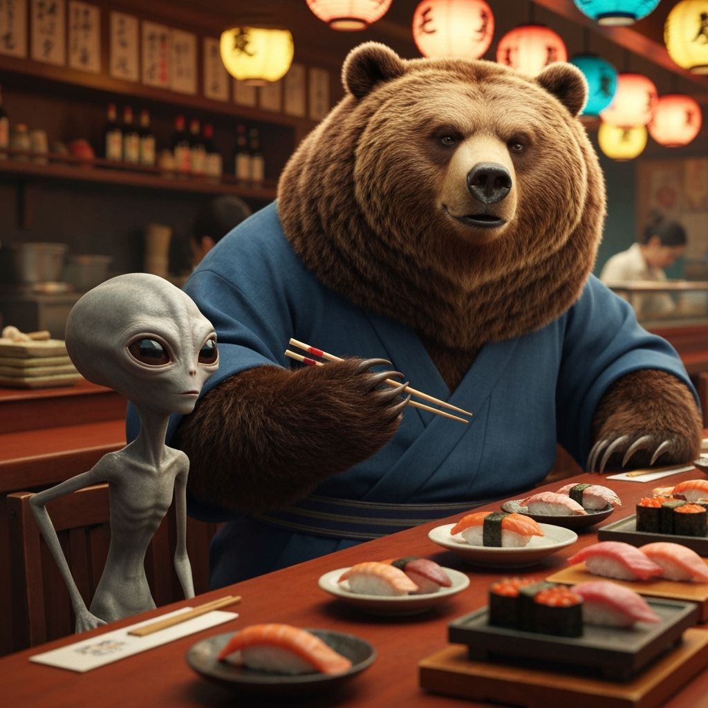 Brown Bear and Alien at Sushi Bar