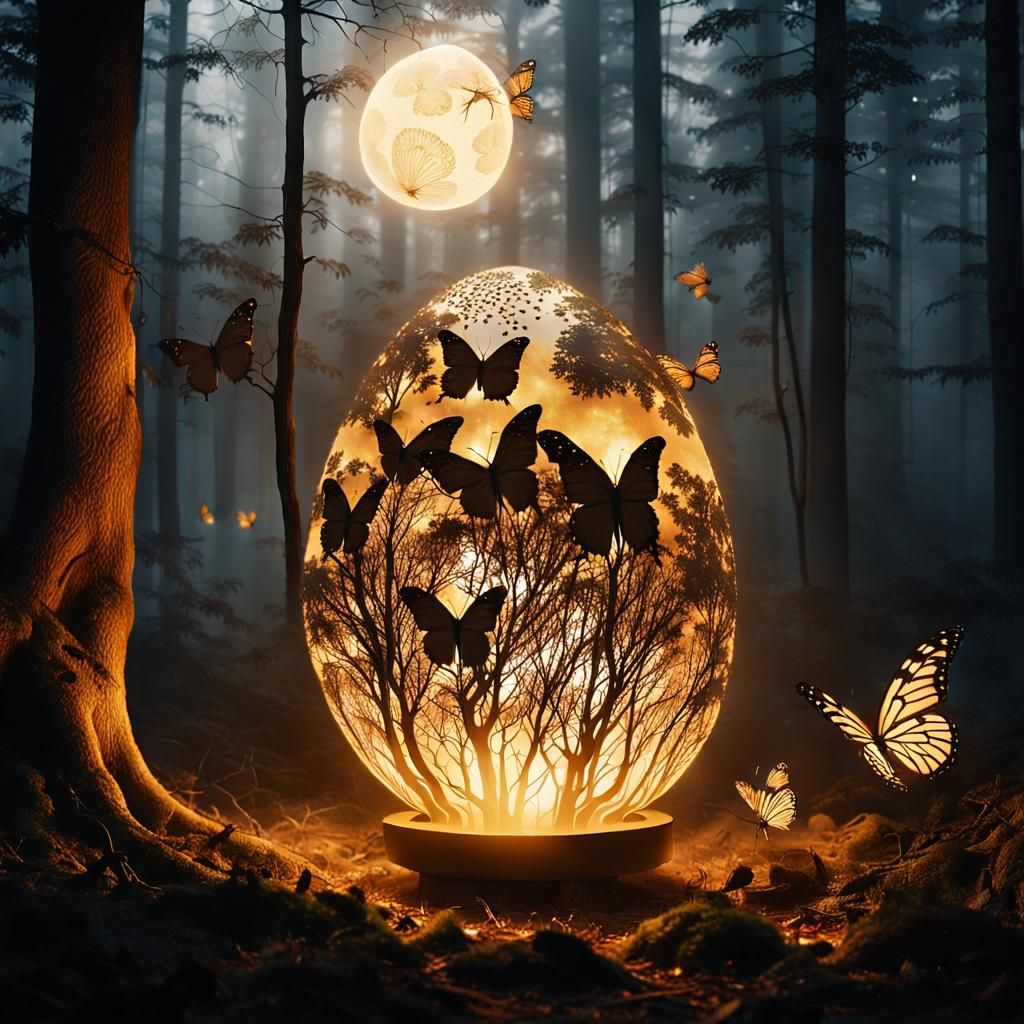 Egg Lamp in Misty Forest: A Surreal Dreamscape