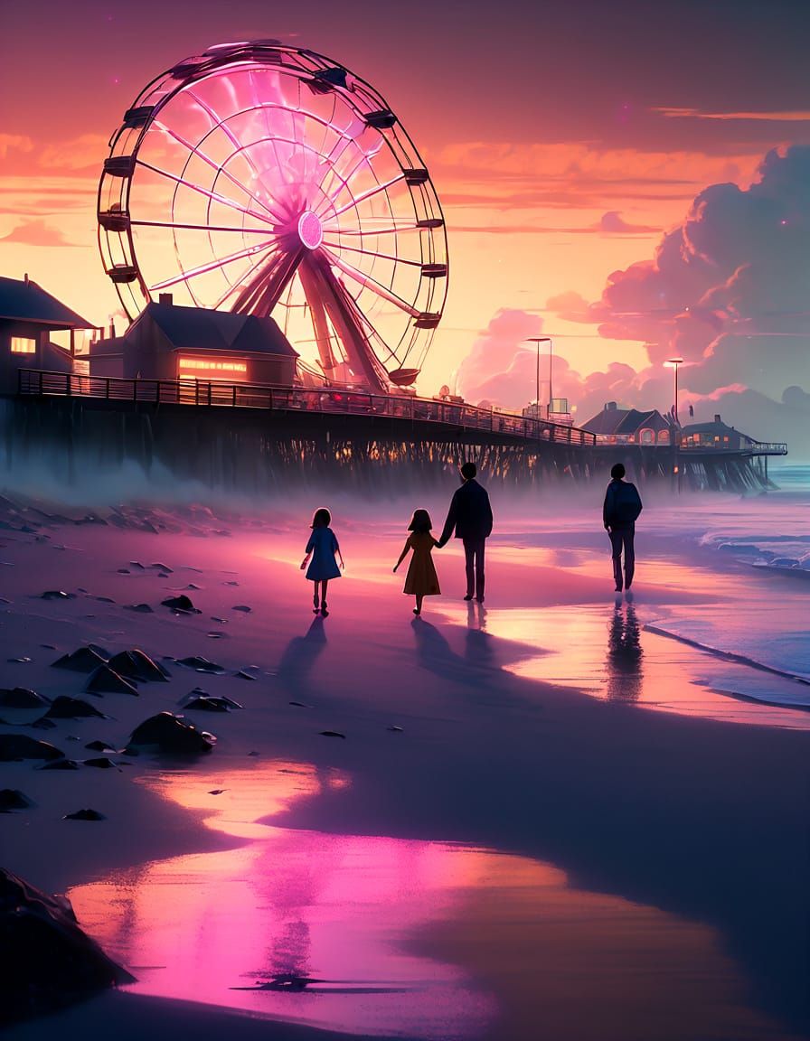 Glowing Boardwalk Scene in Studio Ghibli Style