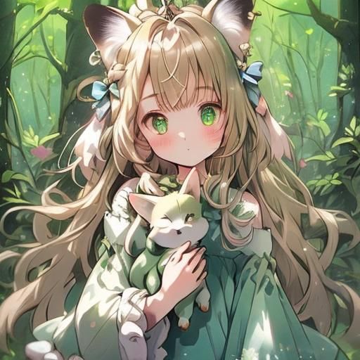 Anime Girl with Fox Ears in Enchanted Forest