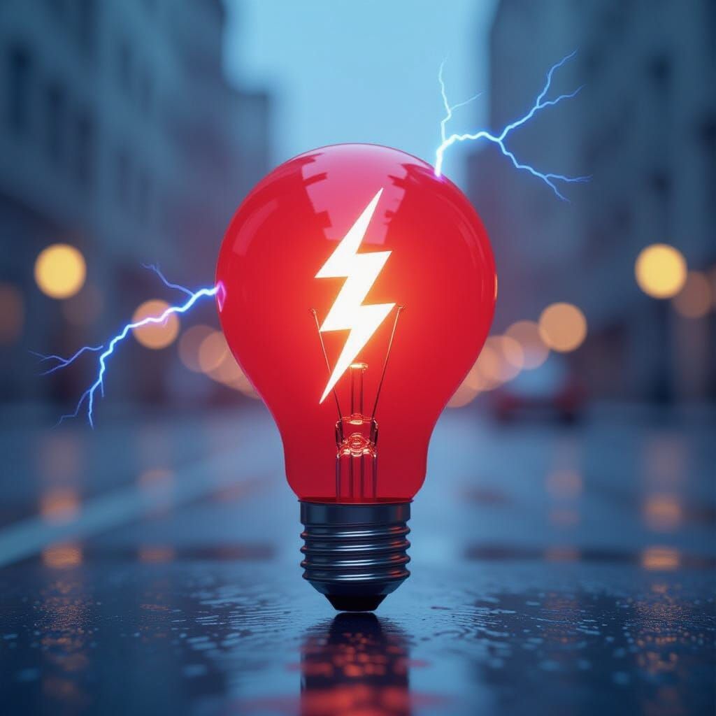 Red Lightbulb With Blue Lightning Bolt