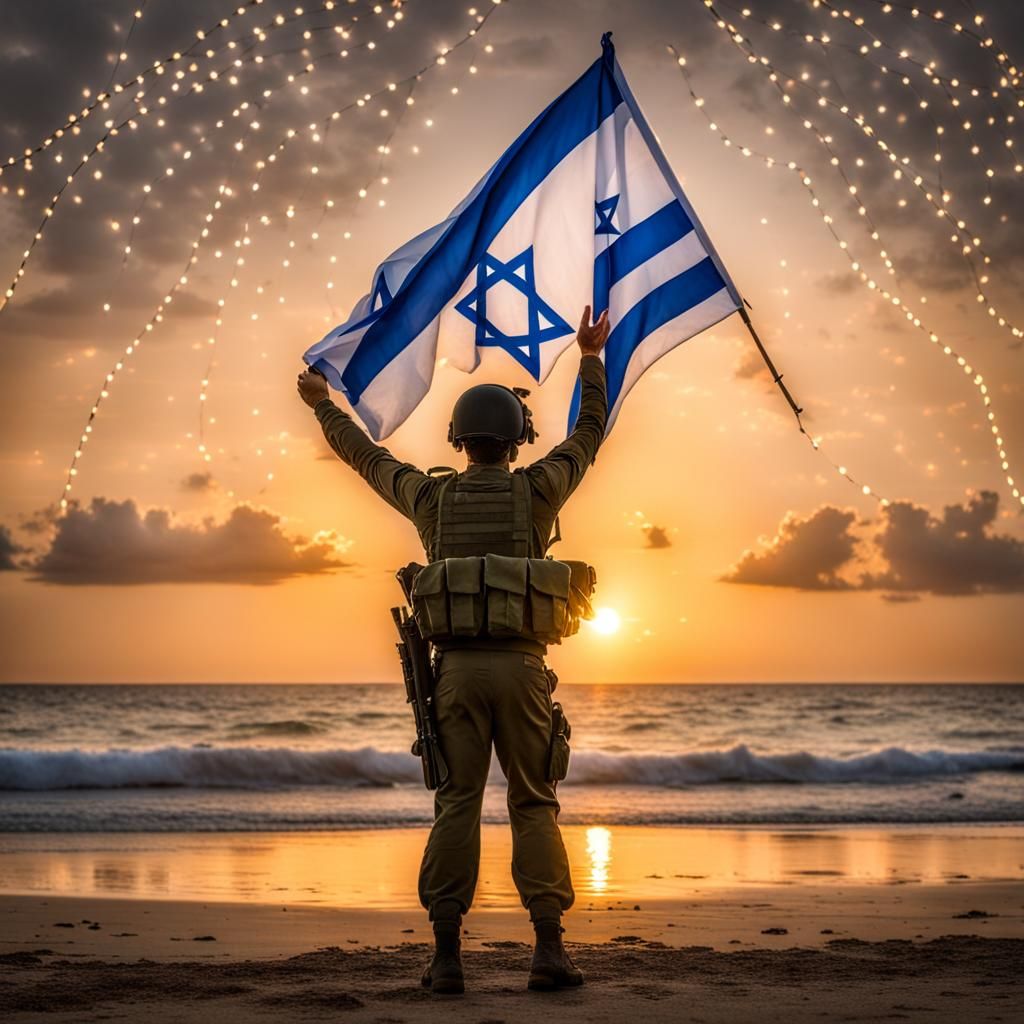 IDF Soldier Waving Flag at Sunset