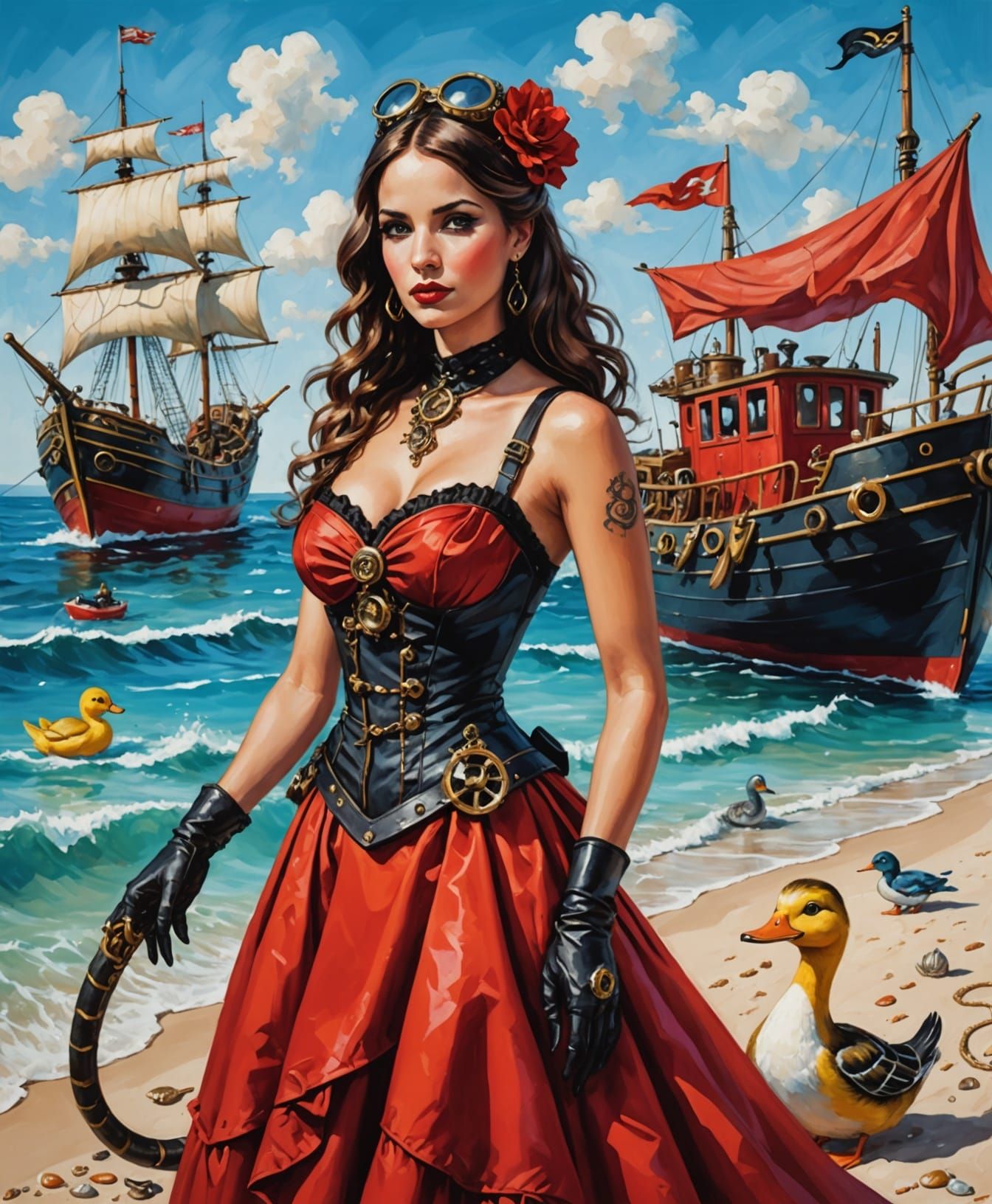 Steampunk Snake's Beach Holiday in Oil Paint Style