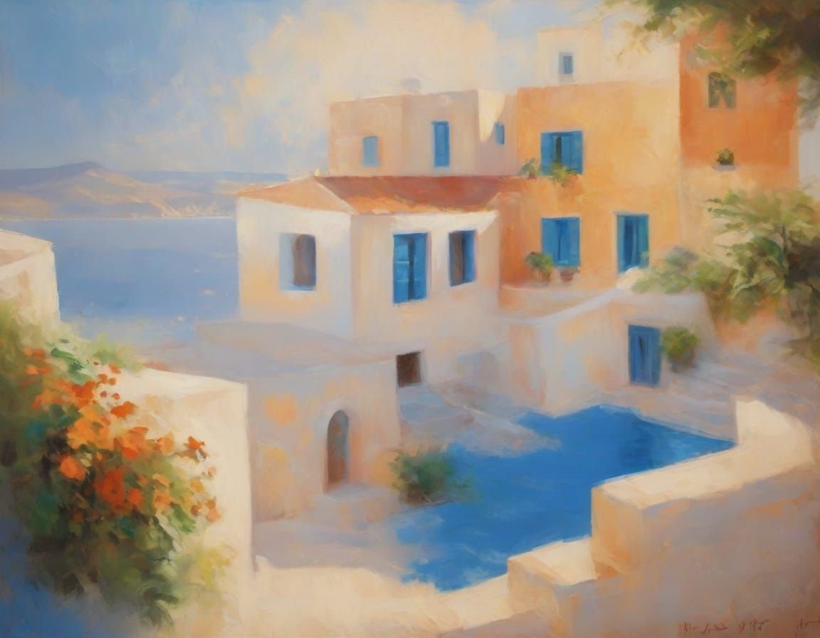 Santorini Caldera: An Impressionistic Aegean Sea Painting