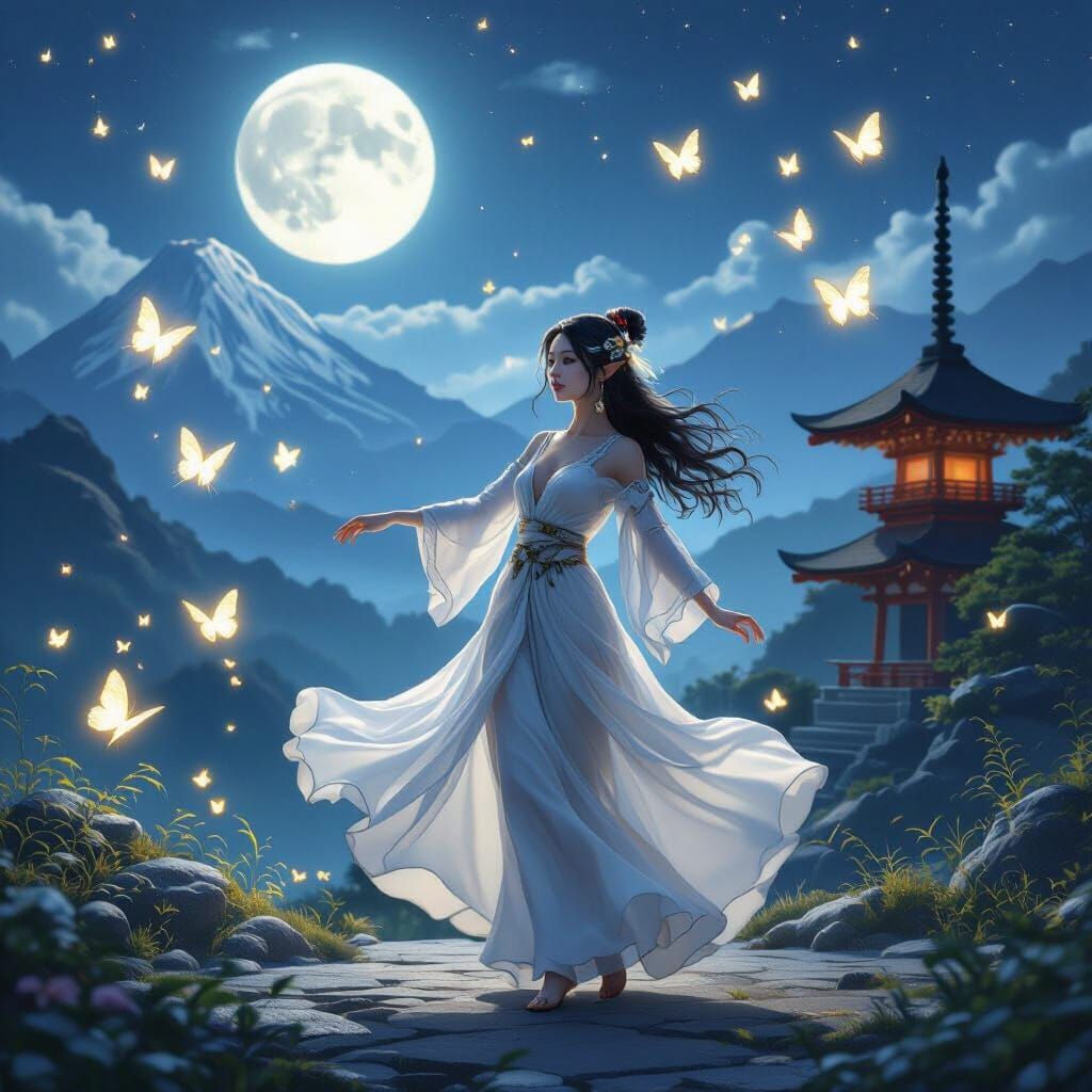 Elf Woman Dancing in Moonlight with Butterflies