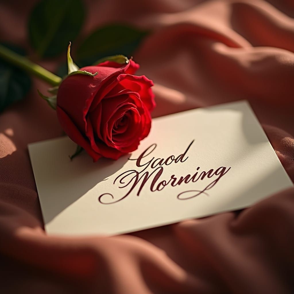 Red Rose 'Good Morning' Card in Photorealistic Style