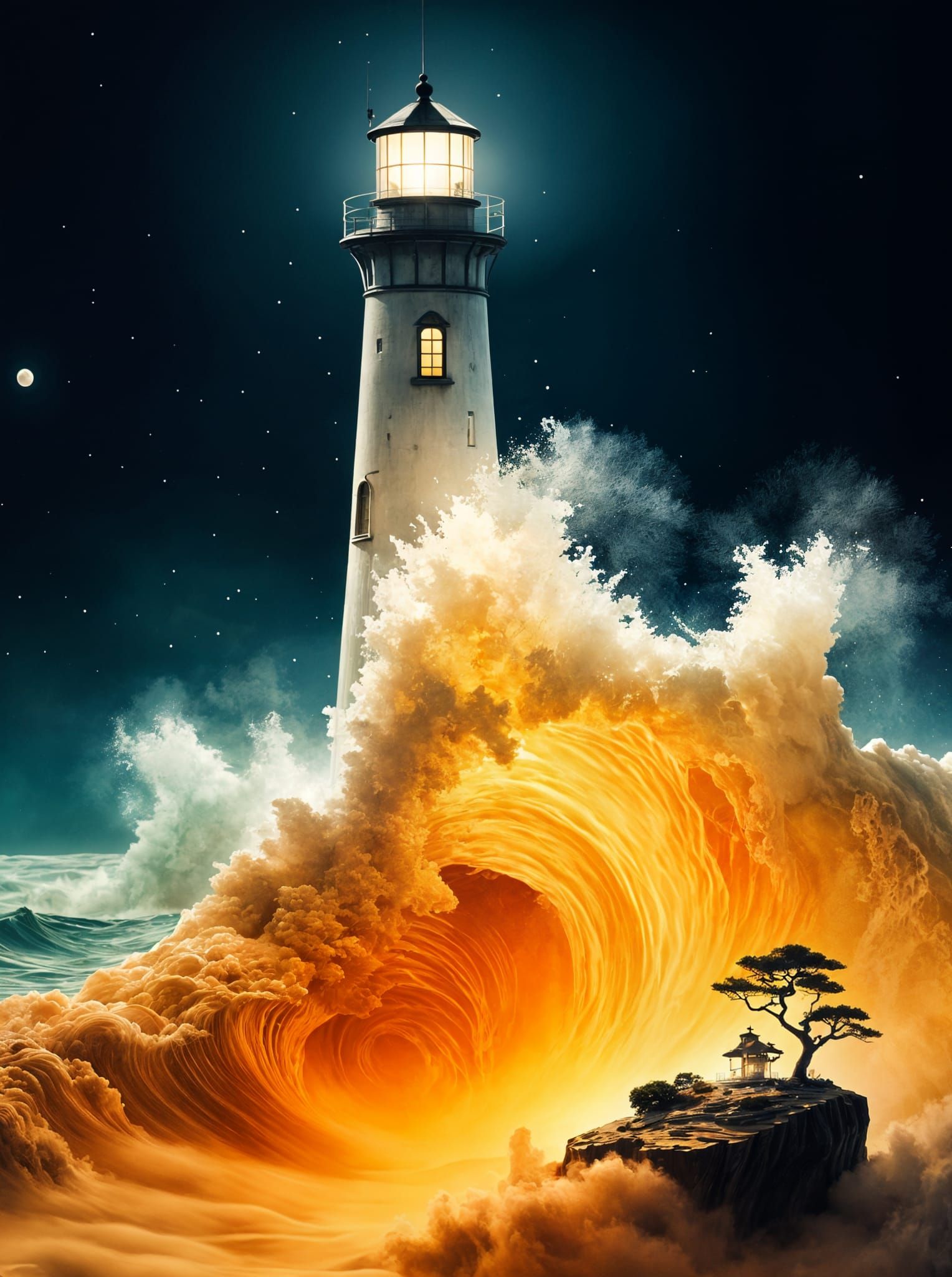 Lighthouse Double Exposure in Sumi-e Style