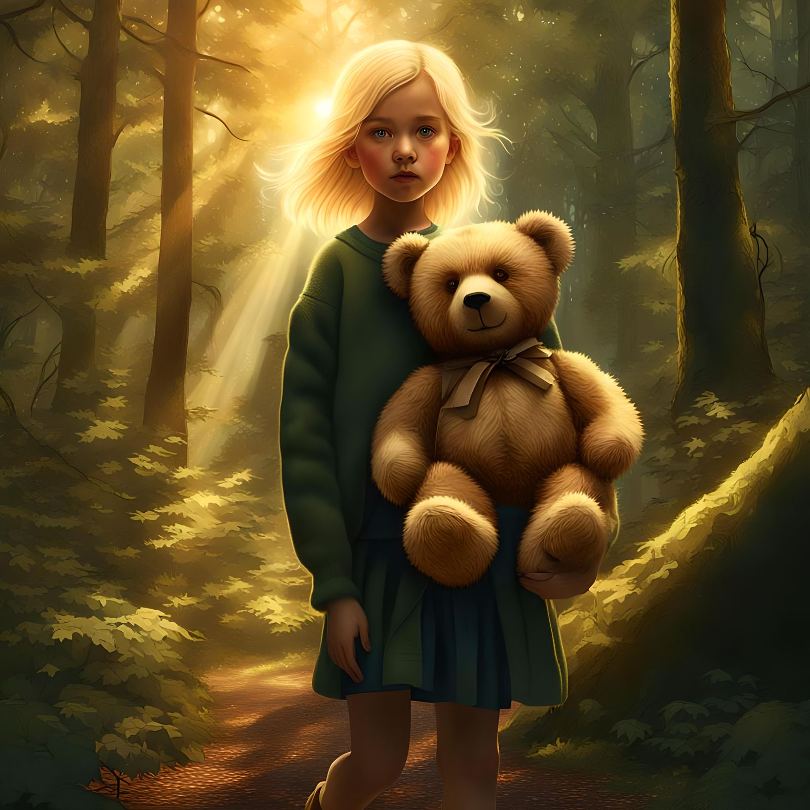 Girl and Teddy Bear's Forest Adventure