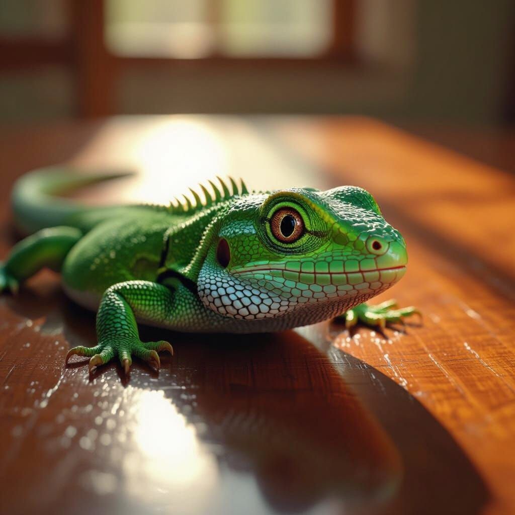 Hyperrealistic Lizard Eye Detail on Table