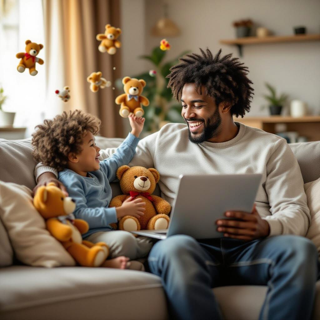 Father Distracted by Computer, Boy Seeks Attention with Toys