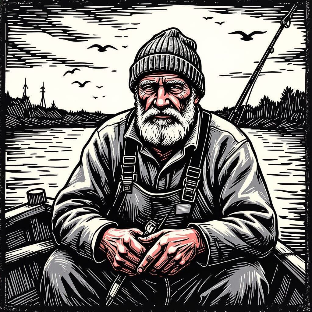 Lino cut. A grizzled fisherman