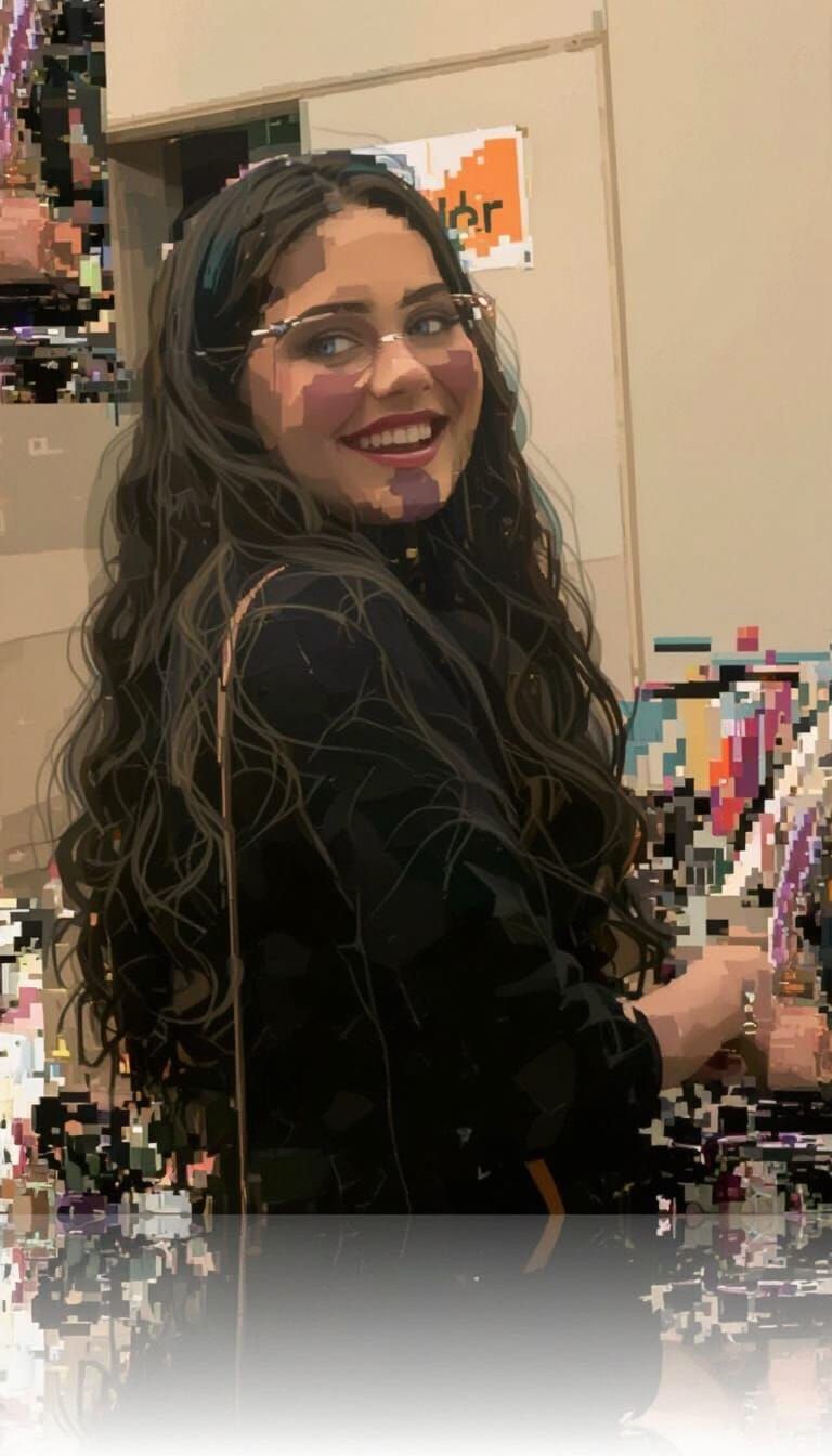 Woman's Portrait with Blue Eyes in Pixelated Cityscape