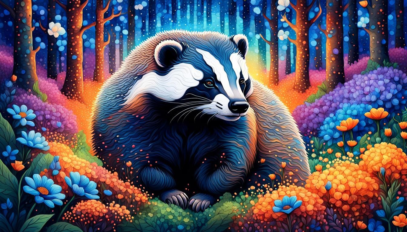 Badger in Vibrant Forest: Pointillist Dreamscape