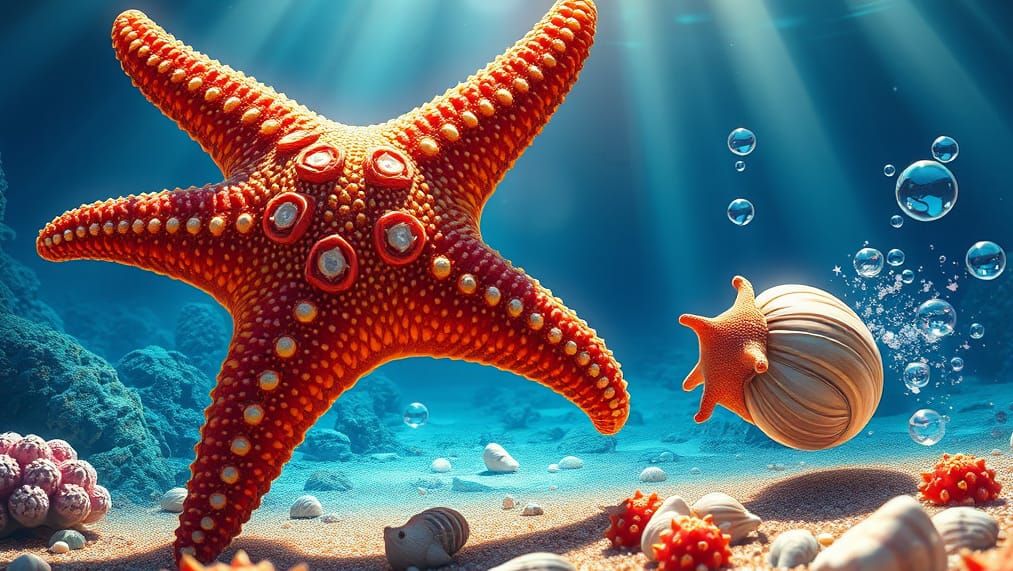 Starfish and Clam Undersea Chase: 3D Photoillustration