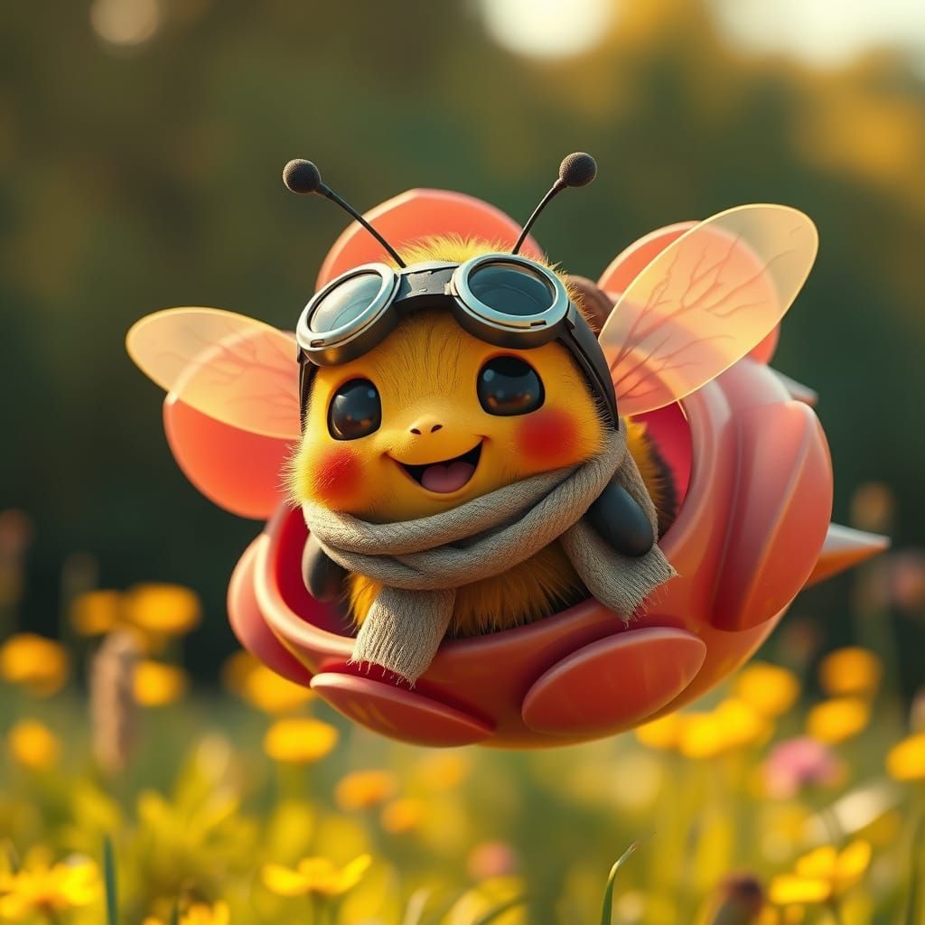 Cartoon Bee in Flower Airship, Whimsical Digital Art
