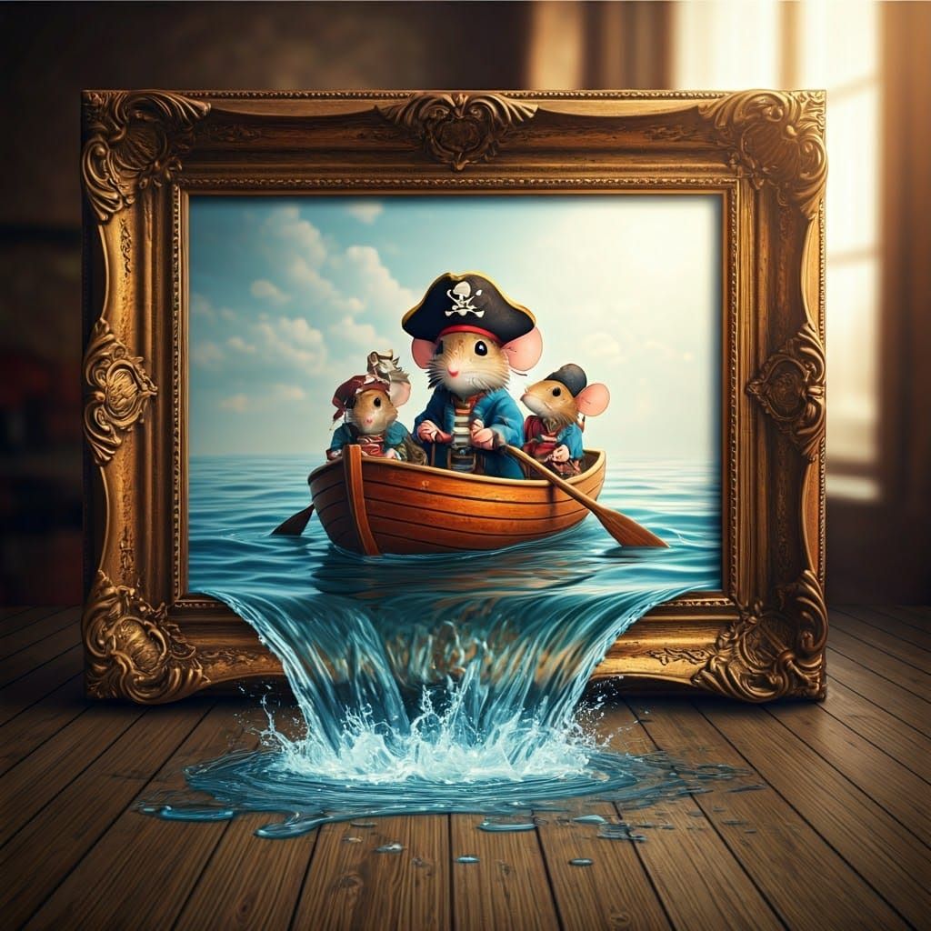 Whimsical Living Room with Pirate Mice and Spilled Water