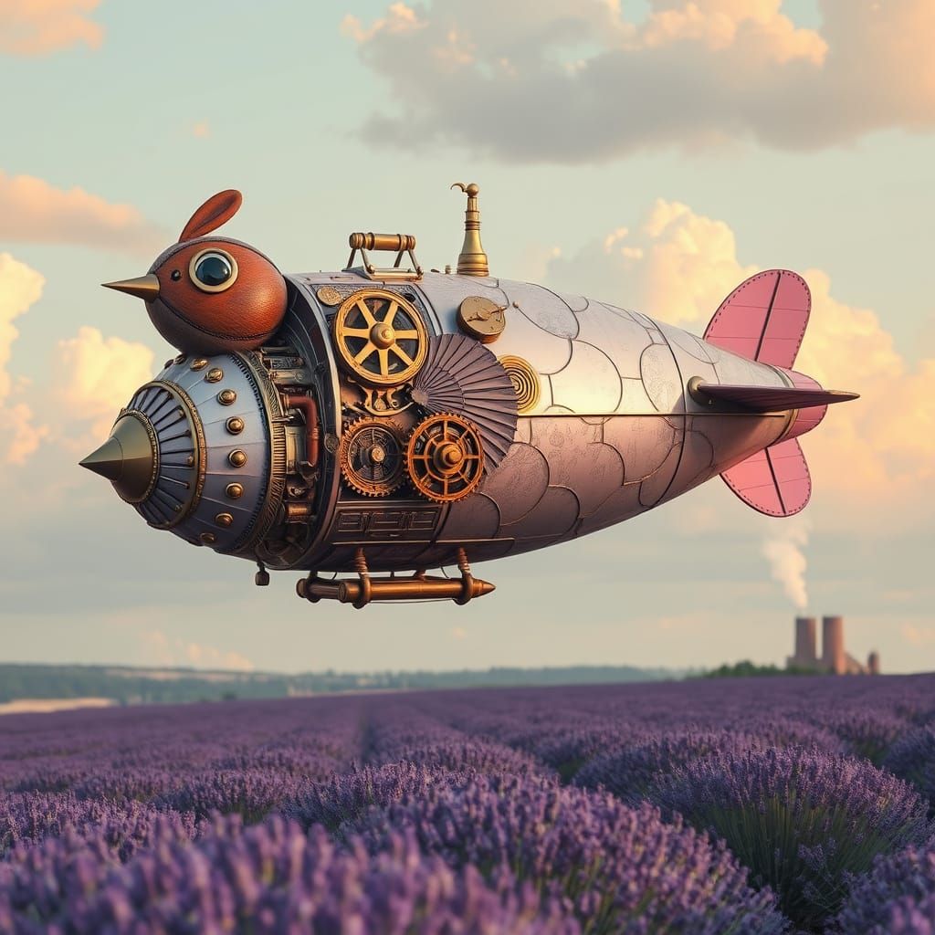 Whimsical Steampunk Robin Airship over Lavender Field