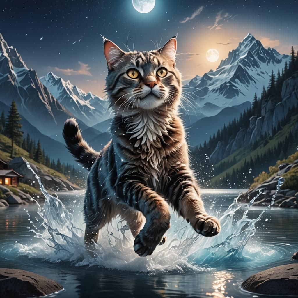 Cat Running Through Water Under Moonlight