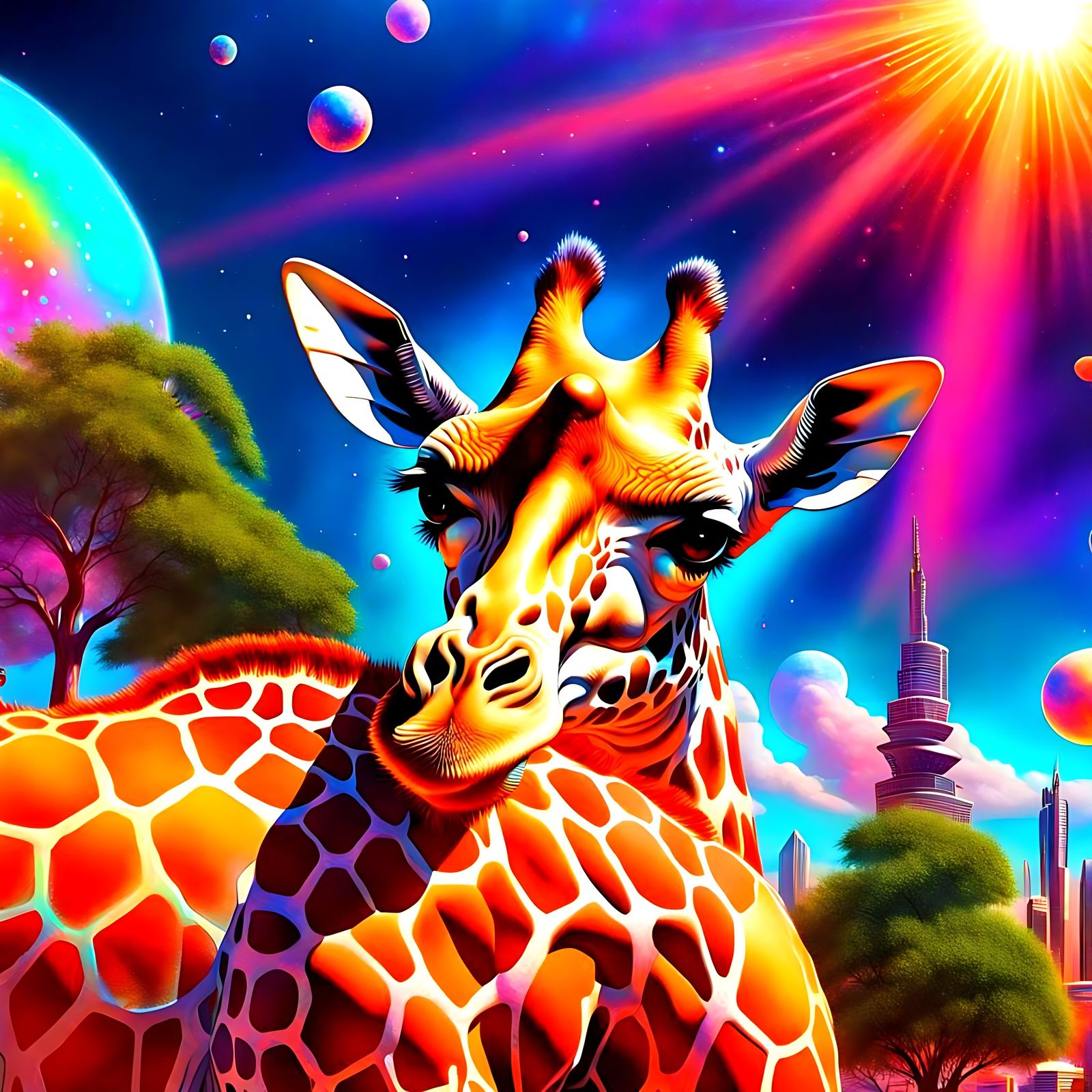 Giraffe City Glows in Cosmic Futurism