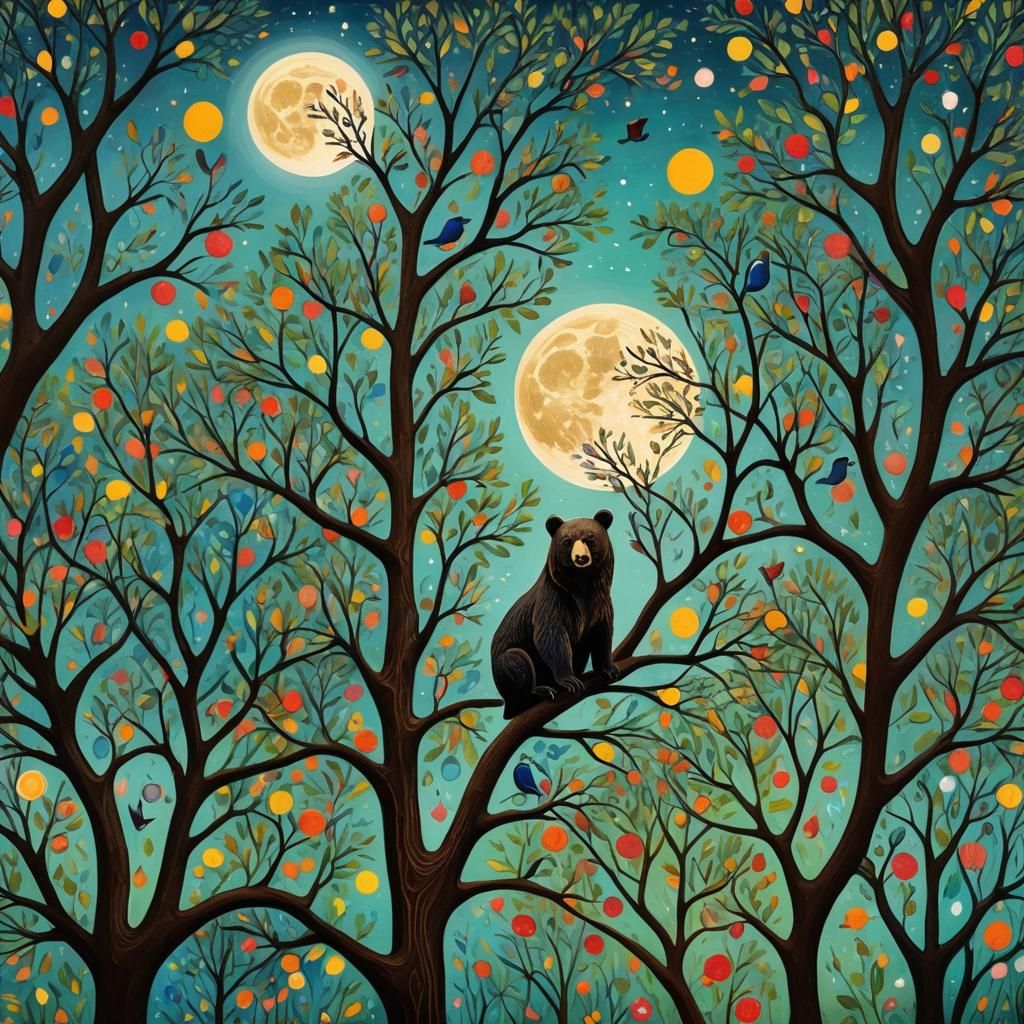 Naive Art Scene with Bear, Moon, and Birds