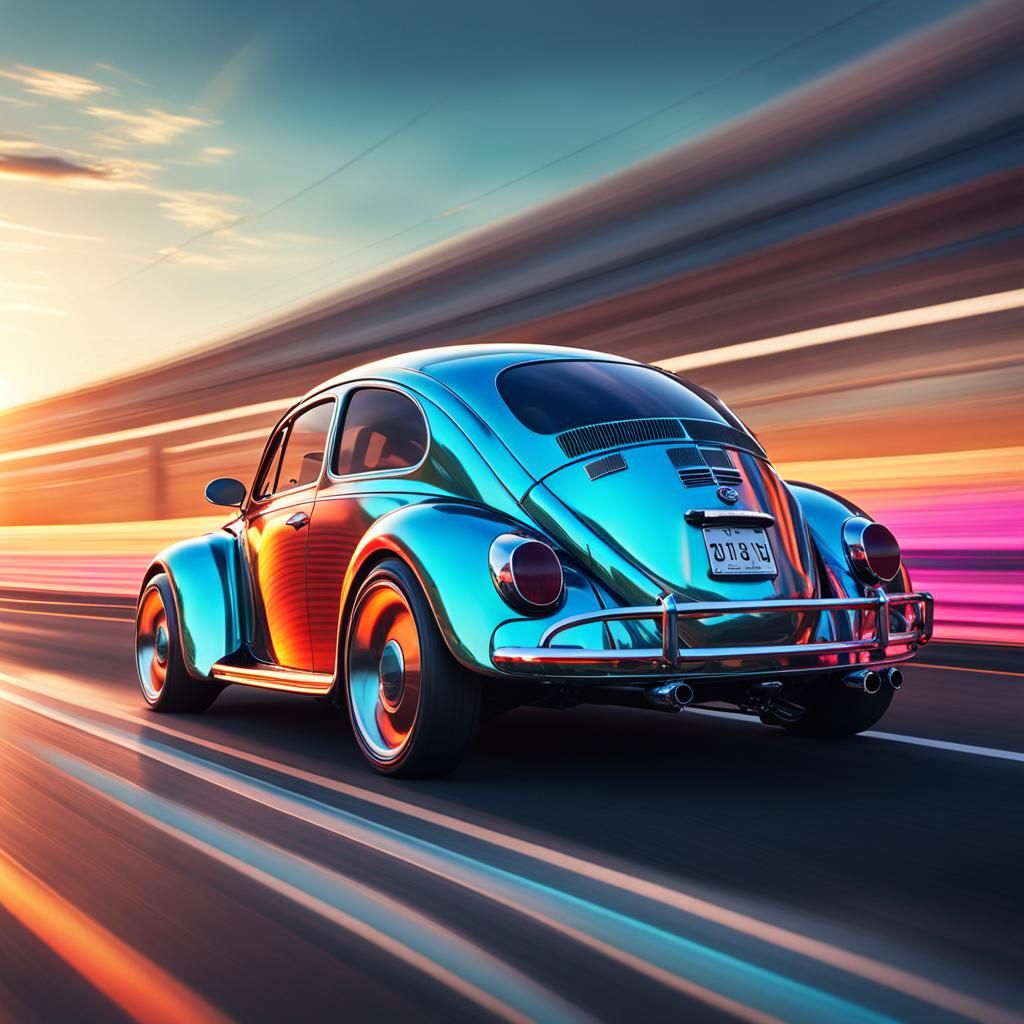 VW Beetle Supercar Speeding: Hyper-Realistic Digital Art