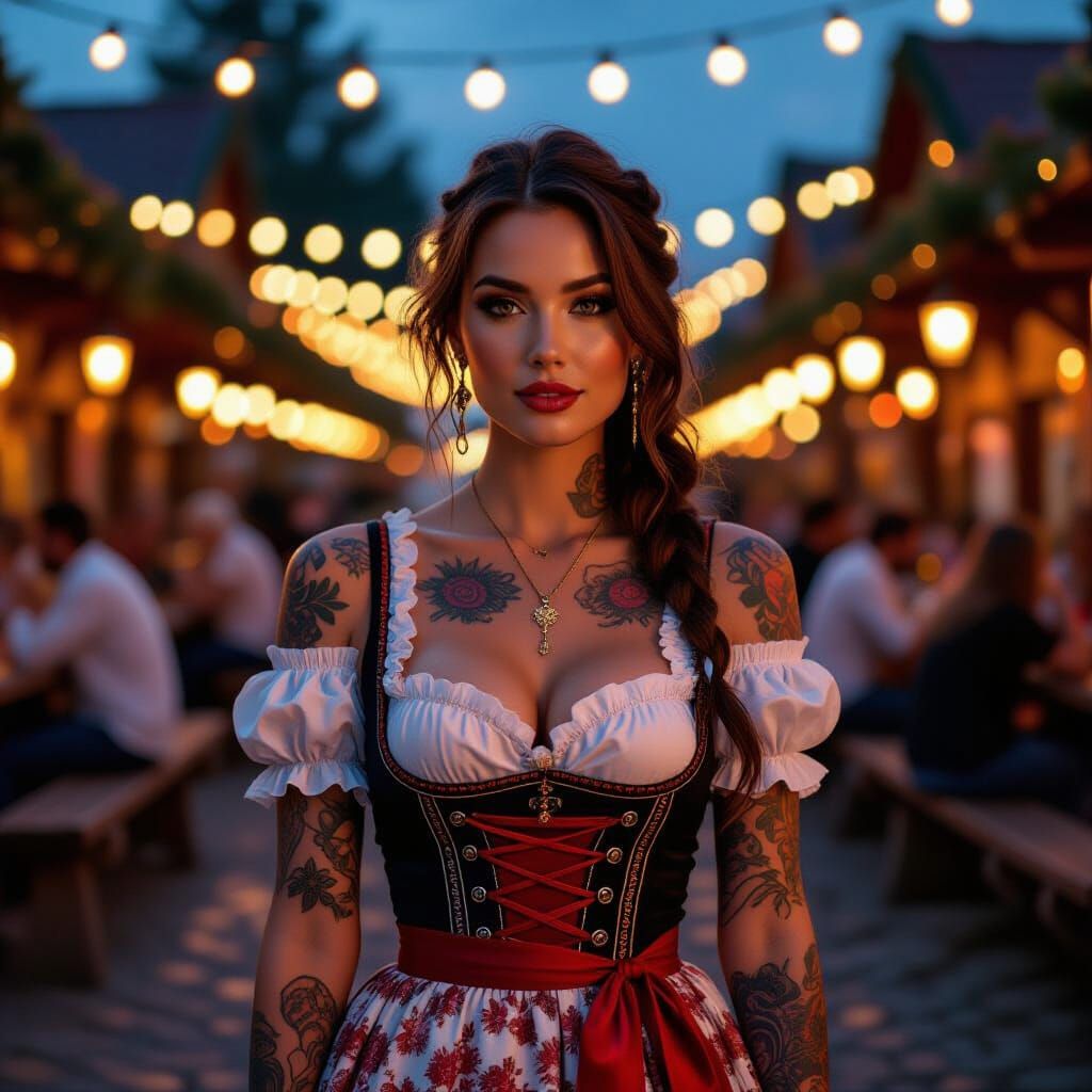 Confident Woman in Oktoberfest Garden as Digital Art