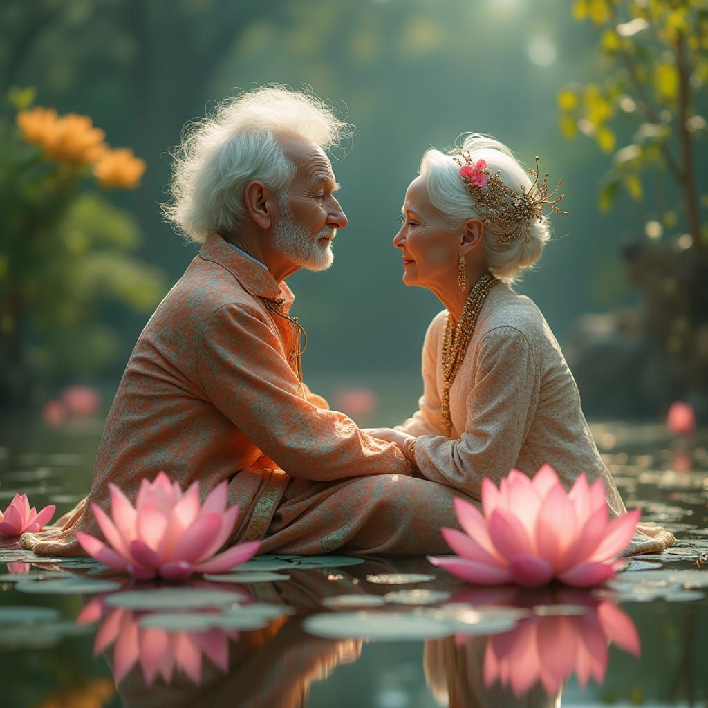 Ethereal Garden Scene with Futuristic Elderly Couple