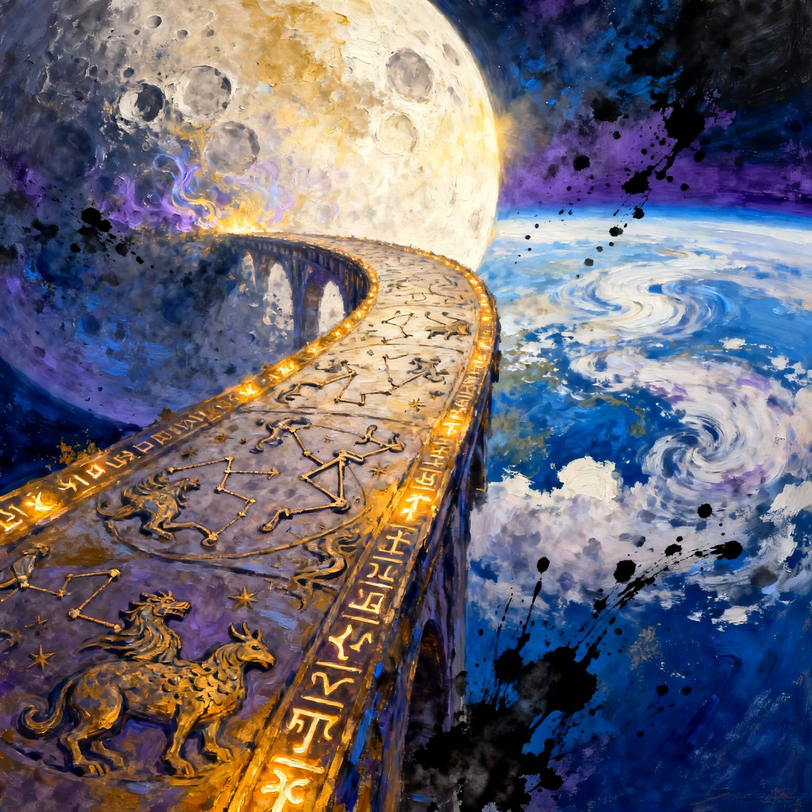 Fantasy Bridge to Moon, Oil Painting with Ink Splatters
