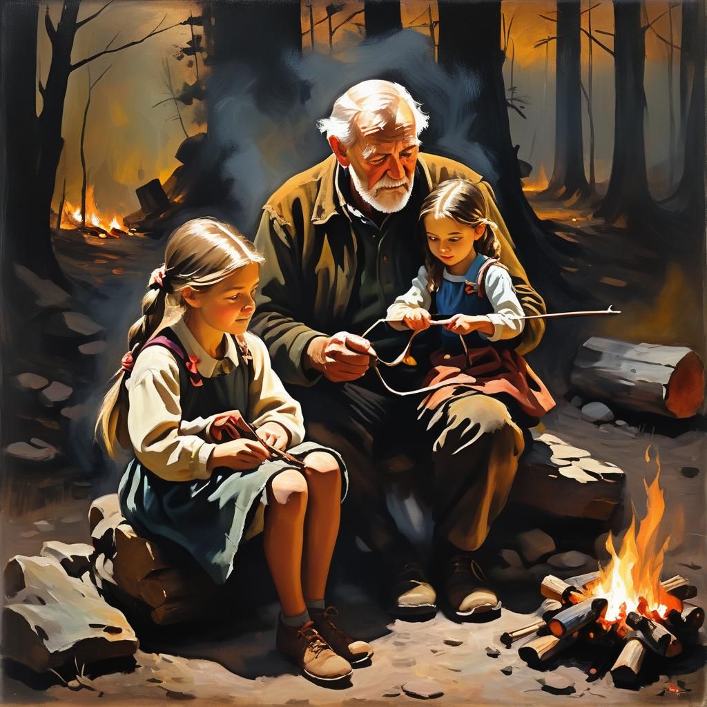 Intimate Campfire Scene in Heavy Oil Painting Style
