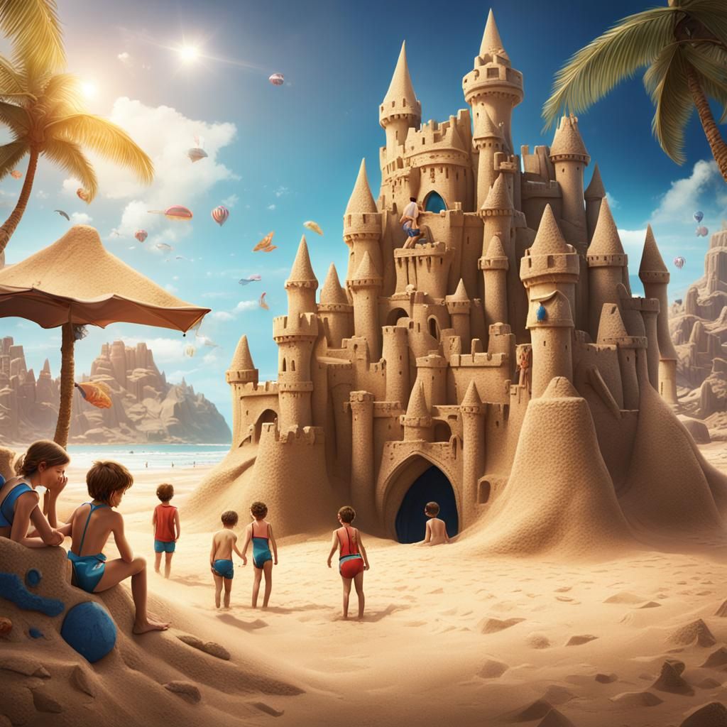 Children's Sandcastle Fantasy on a Sunny Beach