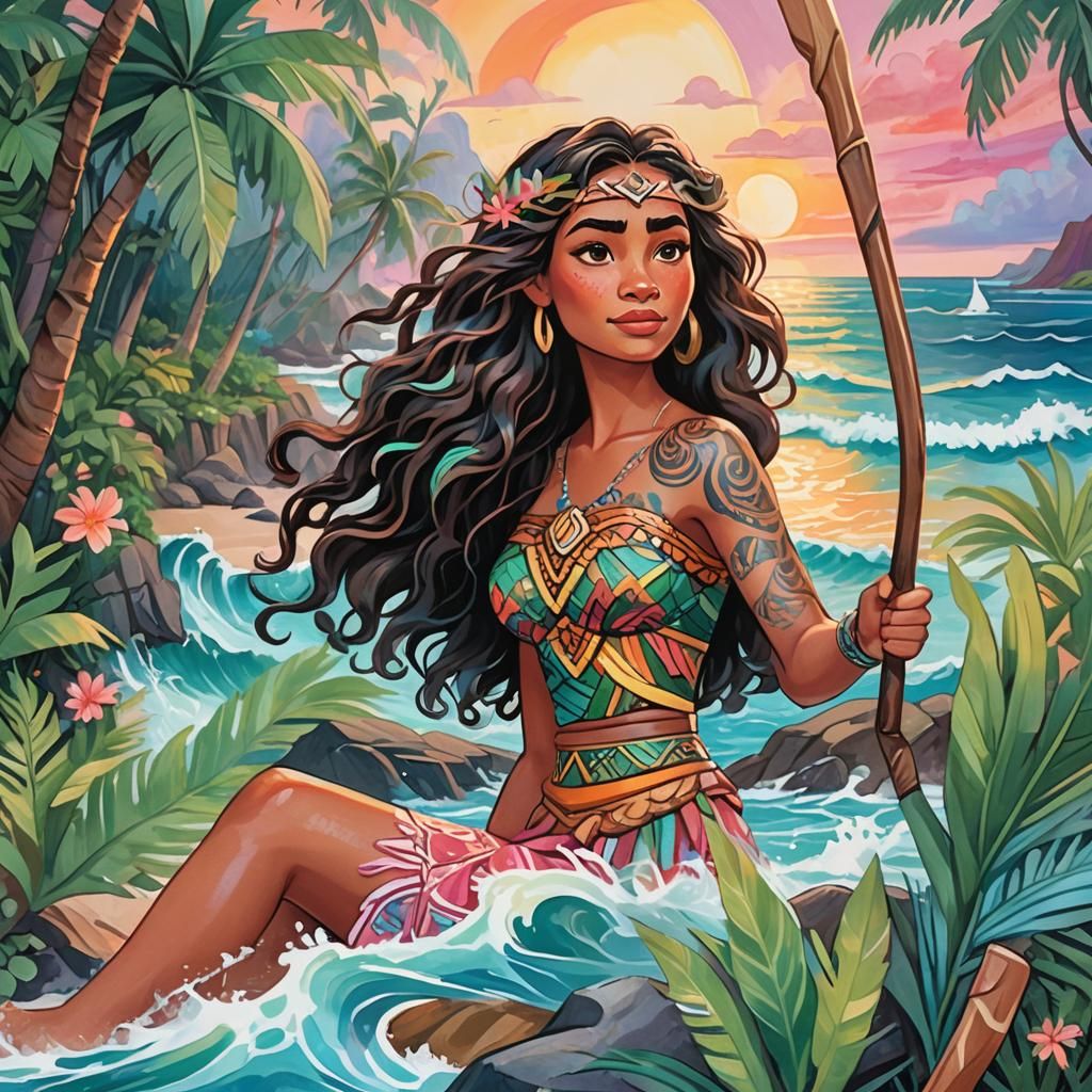 Moana on the Coastline: A Gouache Fantasy