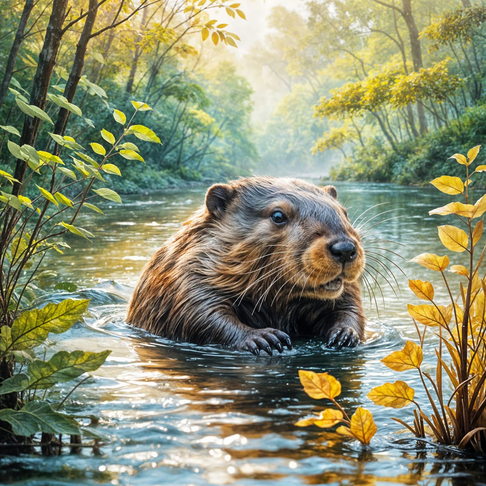Beaver Swimming Upstream in Misty Forest River