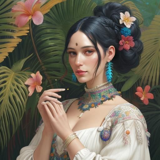 Exotic Woman in Subtropical Floral Art Nouveau Style