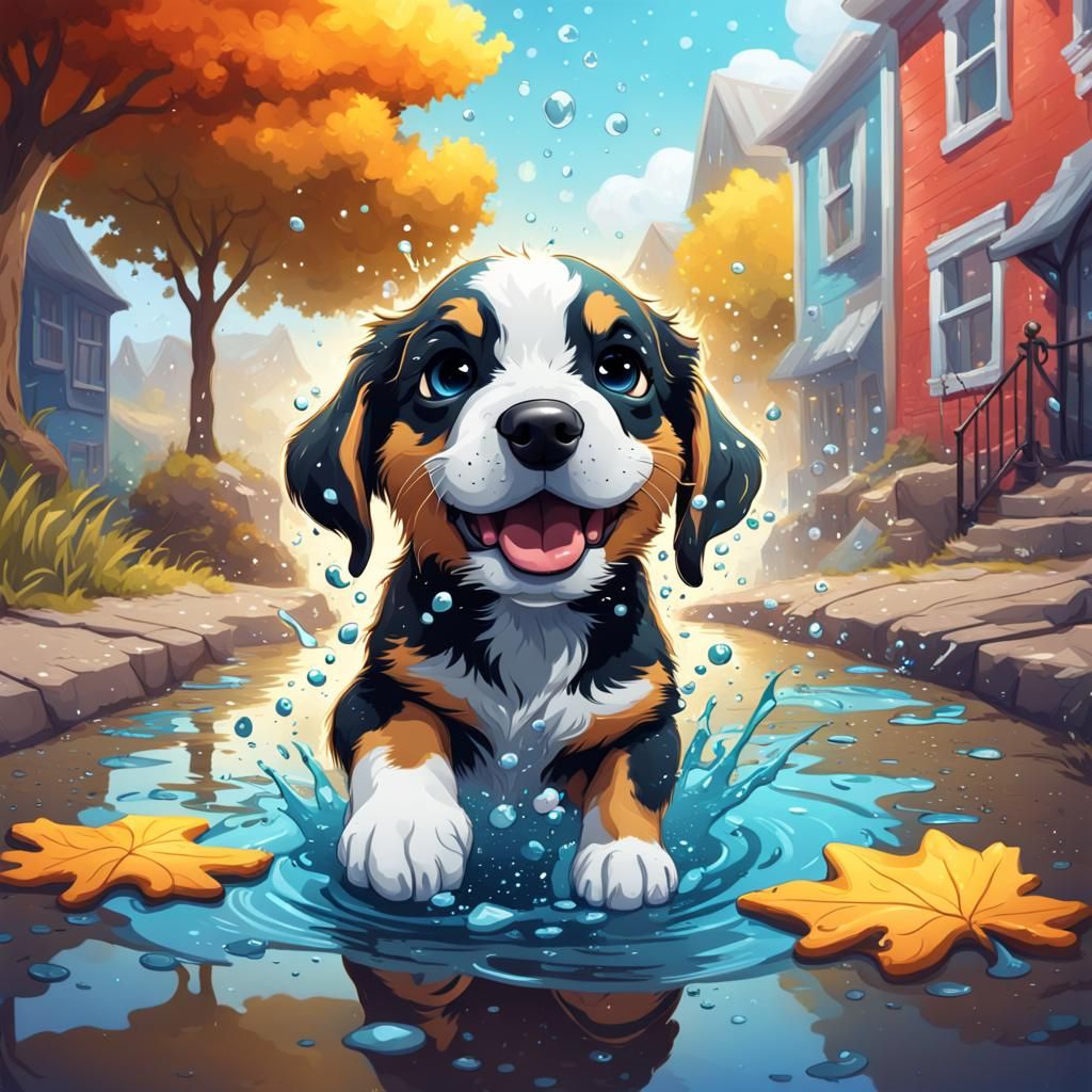 Happy Puppy Gazing into Puddle: Splash Art Style