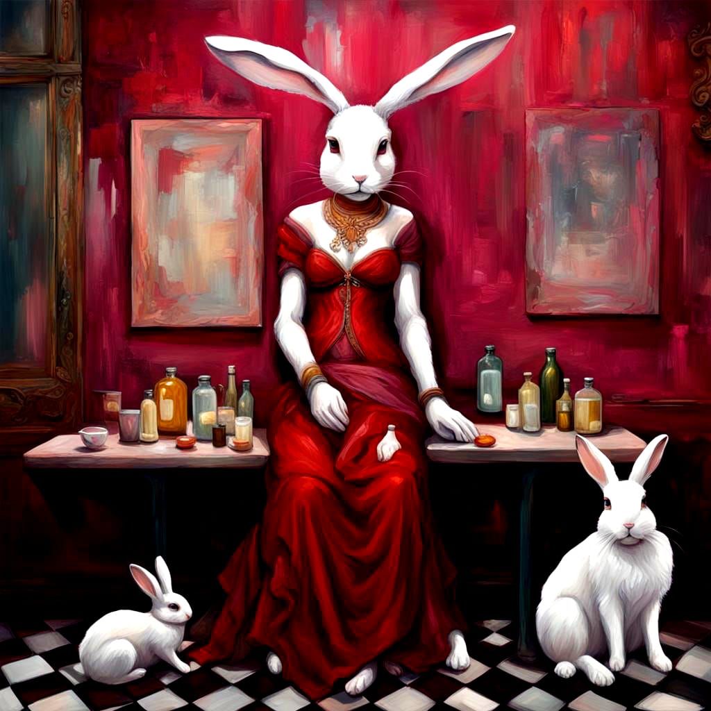Surreal Ruby Priestess Rabbit Unveiled in Oils