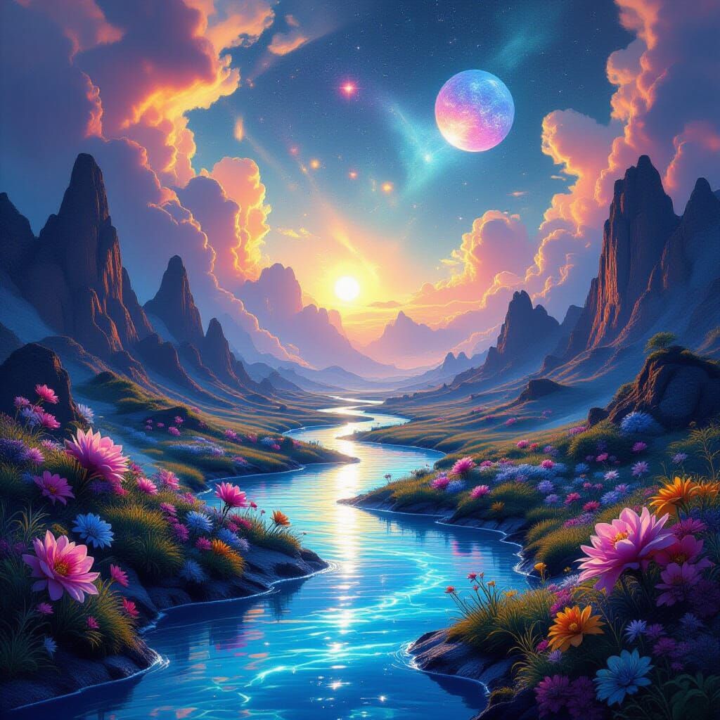 Ethereal Cosmic Landscape with Crystal River and Glowing Flo...