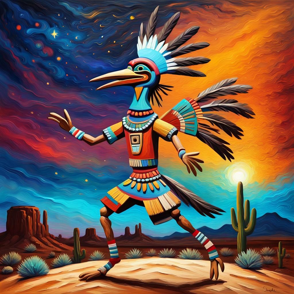 Roadrunner Kachina Dances in Desert: Impasto Oil Painting