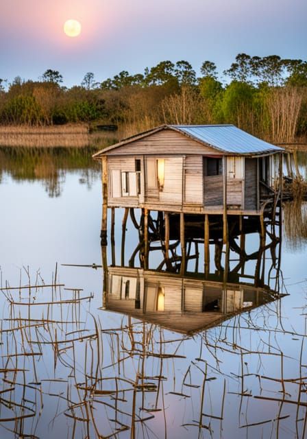 Nighttime Swamp Village of Stilt Shacks