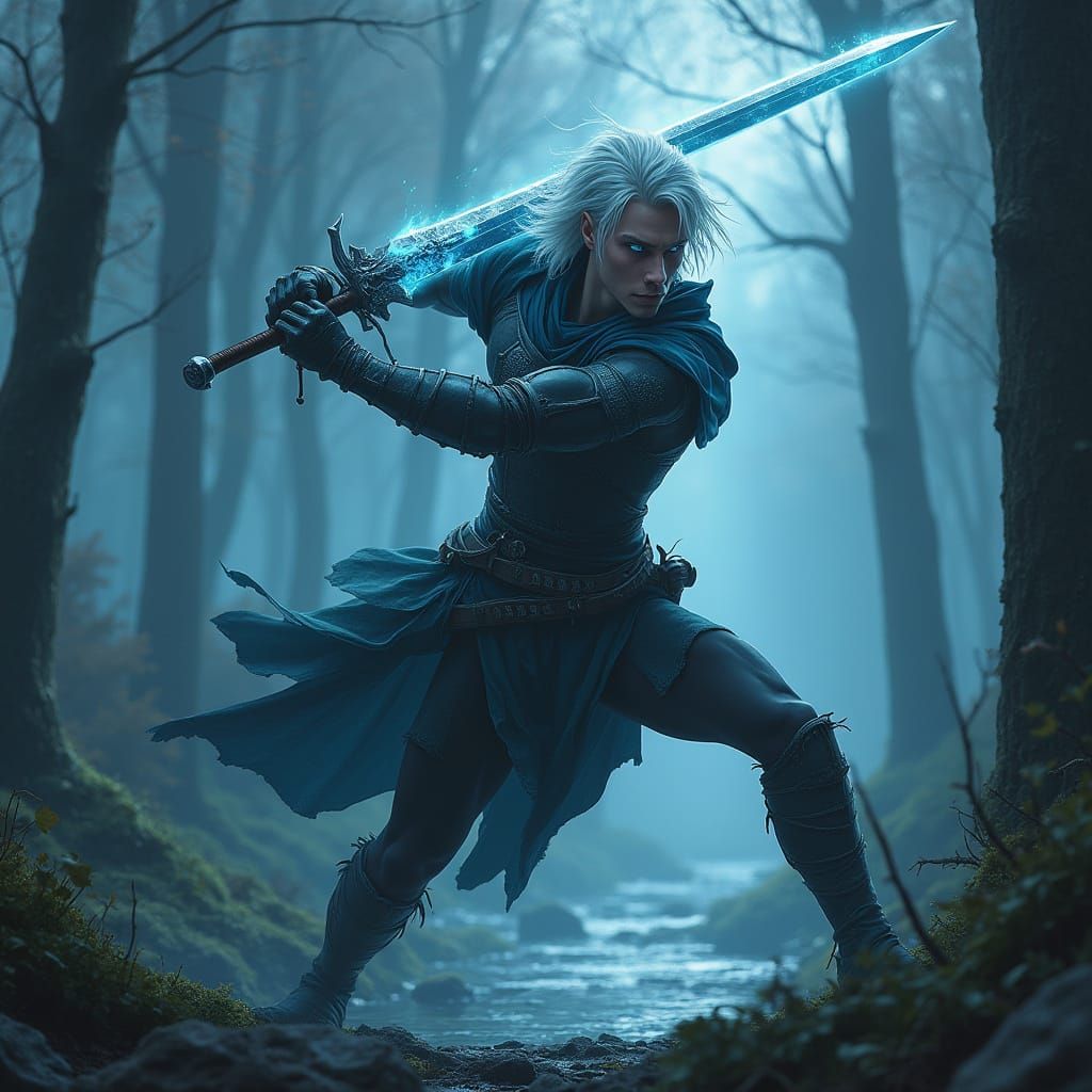 Warrior in Misty Forest with Glowing Sword