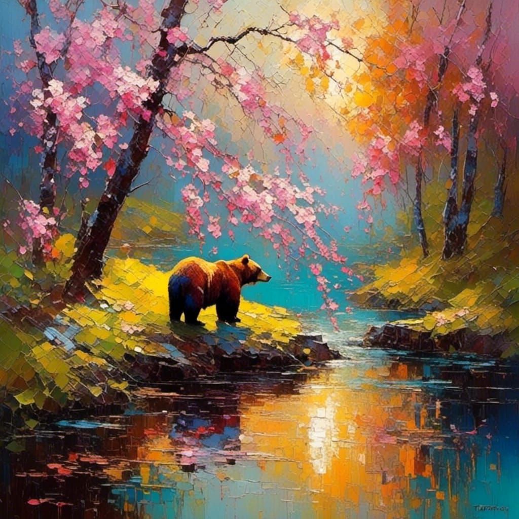 Bear at Pond with Cherry Trees in Mixed Media Style