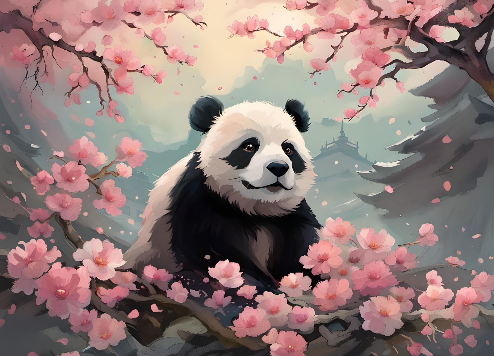 Panda in Zen Garden with Sakura Flowers