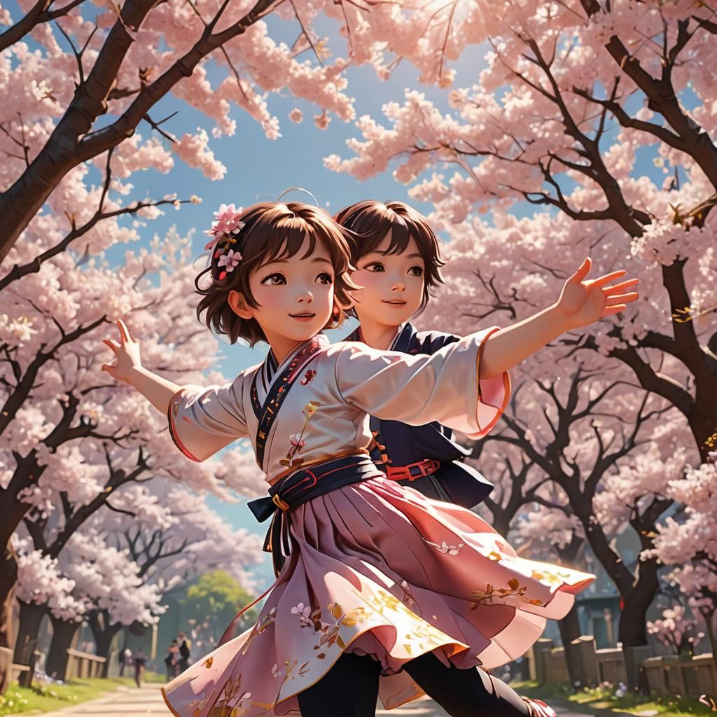 Child Dancing Under Cherry Trees in 3D Anime Art