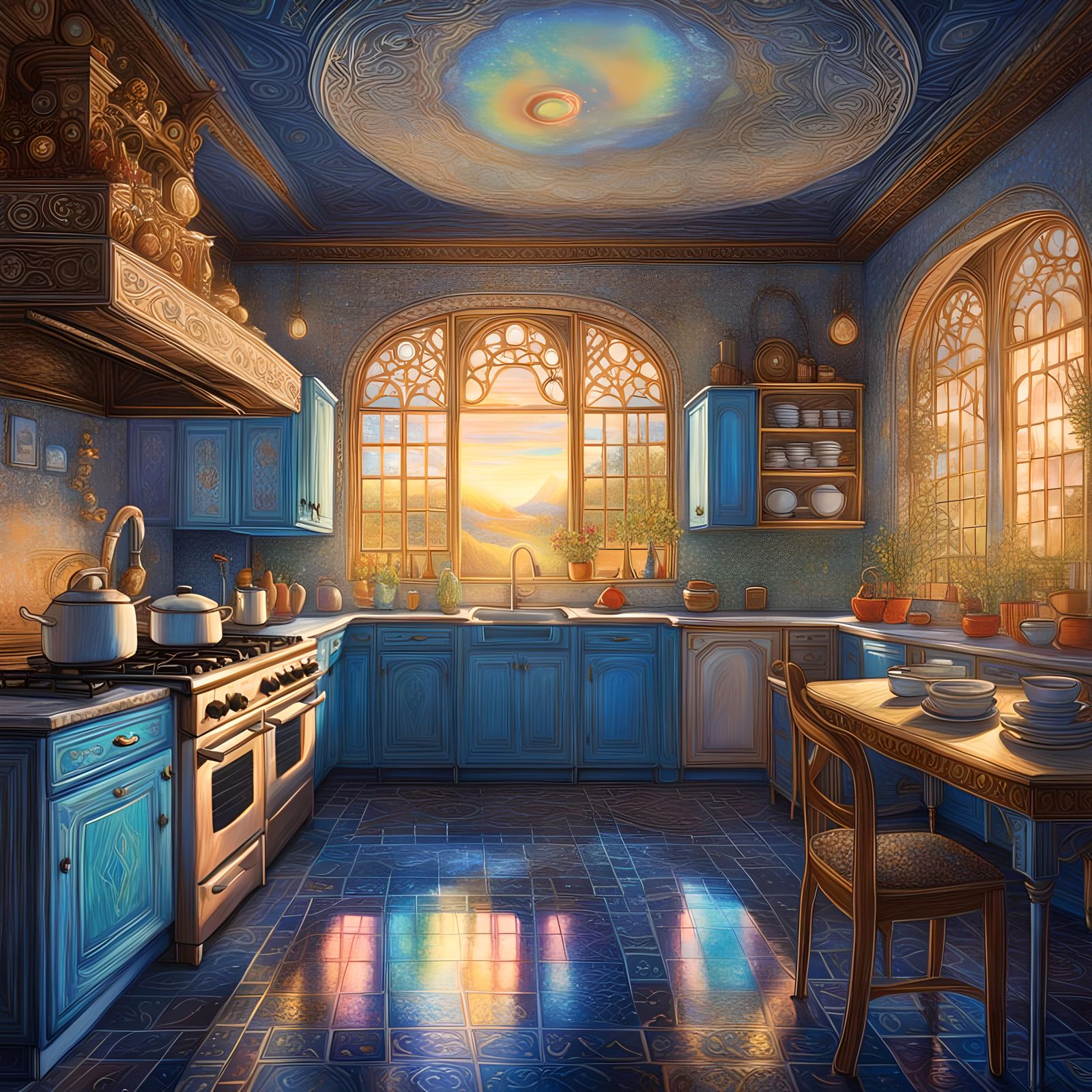 Sunlit Kitchen Illustration in Pre-Raphaelite Style